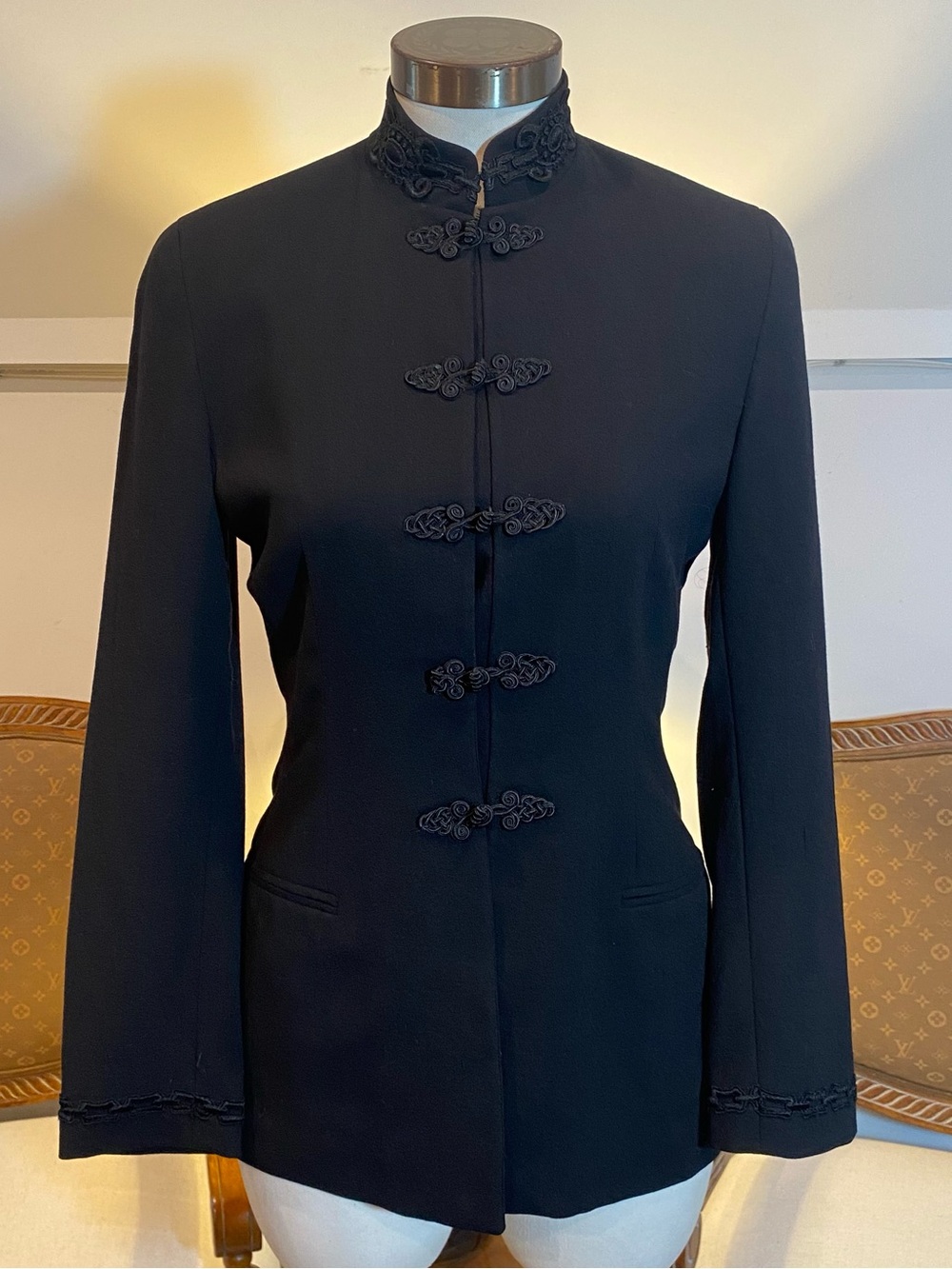 Vintage 90s THALIAN Black Wool Mandarin Jacket Frog Closure Chinese-Insp. Blazer